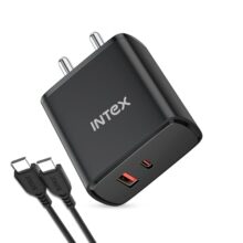 Intex Bolt Quick 65W QCPD Dual Port Output (USB + Type-C), Ultra-Fast Charging Adaptor, Laptop Compatible, Compact & Lightweight, All iPhones, Android, Laptops, Macbooks – Black