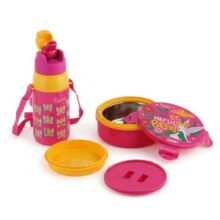 CELLO Kidzbee Star Gift Lunch Box 390ml and Water Bottle Set for School Kids, Pink | 3D Touch & Feel Tinkerbell Design, Leak Proof Airtight Kids Lunch Box Water Bottle Combo for Travel Picnic Gifting