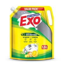 Exo Anti-Bacterial Liquid Dishwash Gel – 1.5L Value Pack| Anti-Bacterial Formula With Ginger & Lemon For Sparkling Clean Utensils |Powered With Bio Enzymes For Tough Grease Removal & Brilliant Shine