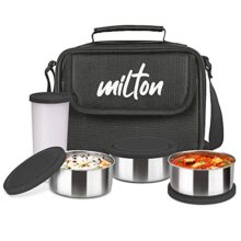 Milton New Steel Combi Lunch Box With Insulated Fabric Jacket, 3 Stainless Steel Containers 280 Ml Each & 1 Plastic Tumbler With Lid 400 Ml, Leak-Proof Tiffin For Office, College, Picnic, Black