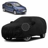 Sulfar 100% Waterproof Car Body Cover Compatible with Mirror for Volkswagen Ameo (Triple Stitched, Full Bottom Elastic, Black-TB)