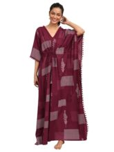 Libas Printed Kaftan Style Nightdress with Attached Waistbelt Maroon