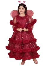 Girls Glitter Tulle Tiered Gown with Butterfly Wings, Ruffle Detail, Fairy Costume Dress (Standard, MAROON, 3-6 MONTHS)