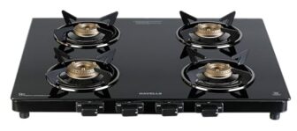 Havells Geoslim Jumbo Stove |4 Heavy Duty Forged Brass Burner|6 Mm Toughened Glass|Premium Valves|Removable Drip Tray|Soft Touch Knobs|5 Year Warranty On Burners, Glass & Valves By Havells (Black)
