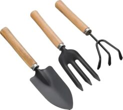 Leafly Garden Hand Tools, 3-Piece Steel Gardening Tool Set Includes Hand Shovel, Hand Rake and Cultivator with Wooden Handle Suitable for Potted Plants,Ideal Garden Tool (Big)