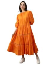 High Star Women Solid Cotton Flared Fit Round Neck Short Sleeve Dresses Orange