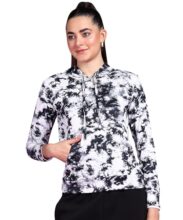 POPWINGS Women Casual Black & White Tie & Dye Printed Pocket Hooded Sweatshirt