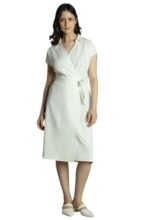 DL Woman Cream Solid V-Neck Short Sleeves Knee Length Wrap Dress