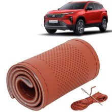 KINGSWAY® PU Leatherite Car Steering Cover Sewable Compatible with Tata Harrier (Year 2023 Onwards), Tan Color with Tan Thread, Pack of 1 with Sewing Needle and Thread