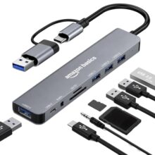 Amazon Basics 8-in-1 USB Hub with Dual Plug (USB-A & USB-C), USB 3.0, 3 x USB 2.0, USB-C 2.1, SD/TF Card Reader & 3.5mm Audio Jack, Up to 5 Gbps Speed, 18 cm Cable (Grey)