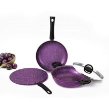 Alda Non Stick Cookware Set 4-Piece (Wok with Lid, Fry Pan, Crepe Pan) – Plum 3mm Induction Friendly | 1 Year Warranty