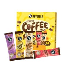 Bevzilla 60 Instant Coffee Powder Sachets (4 Flavours) 120 Grams|Hazelnut,Classic,Vanilla & Butterscotch|15 Pouches Each Flavour|Arabica Coffee|Perfect For Espresso,Latte,Cappuccino|Hot & Cold Brews