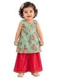 Pspeaches Girls Georgette Sleeveless Round Neck Floral Print Kurta With Palazzo 2 Piece Set|Ethnic Wear For Cute Baby Girls|Traditional & Festive Outfit 18-24 Month Sage Green & Red