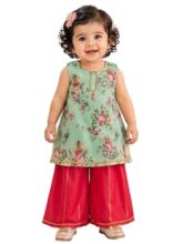 Pspeaches Girls Georgette Sleeveless Round Neck Floral Print Kurta With Palazzo 2 Piece Set|Ethnic Wear For Cute Baby Girls|Traditional & Festive Outfit 18-24 Month Sage Green & Red