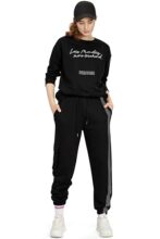 Zeyo Women’S Cotton Black Track Suit Typography Printed Sweatshirt Co-Ords Pajama Set 5821, Large