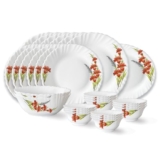 Larah by Borosil Red Iris Fluted Series Opalware Dinner Set | 27 Pieces for Family of 6 | Microwave & Dishwasher Safe | Bone-Ash Free | Crockery Set for Dining & Gifting | Plates & Bowls | White