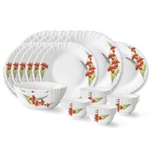 Larah by Borosil Red Iris Fluted Series Opalware Dinner Set | 27 Pieces for Family of 6 | Microwave & Dishwasher Safe | Bone-Ash Free | Crockery Set for Dining & Gifting | Plates & Bowls | White