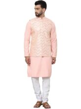 SOJANYA (Since 1958 Men’s Pure Cotton Peach Kurta and White Pyjama With Sequins Pink Nehru Jacket