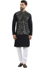 SOJANYA (Since 1958 Men’s Pure Cotton Black Kurta and White Pyjama With Sequins Black Nehru Jacket