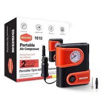 Woscher 1610 Portable Mini Tyre Inflator With Storage Bag, Car Tyre Inflator Pump With Large Analogue Display & Built-In Led Light, 12V Dc 100 Psi Tyre Air Pump For Bike, Cycle, Scooter & Car, Black