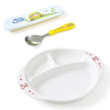 GLUN® Premium Kids’ Mealtime Set, 3 Compartment Feeding Plate with Durable Stainless Steel Spoon, Soft-Grip with Travel Case, Ergonomic Handle & Portable