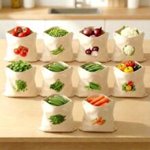 Reusable Cotton Vegetable Storage Bags With Zipper Eco Friendly Washable Produce Bags For Fridge Kitchen Organizer Food Storage Pouches (Pack Of 10)