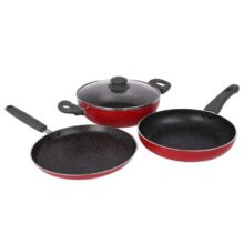 Prestige Omega Granite Non-Stick 3 Pc Cookware Set With Glass Lid | 5-Layer Coating | Gas & Induction Compatible | Omni Tawa 25Cm | Fry Pan 24Cm | Kadai 24Cm | Crimson Red |2Y Warranty |Isi Certified