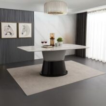 Royaloak Lucca Italian Marble Dining Table | 5D Printed Natural Stone Top | Rounded Corners & Curved Edges | Hourglass Base with Leatherette Detail | 6 Seater Dining Table | Italian Collection