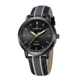 London Fog Collection Analog Watch for Men with Round Black Dial, Minimal Stick Markers, Quartz Movement and Black/Gray Leather Strap – LFM10013-01