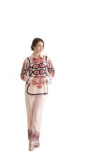 Elysium Attire Women Printed Cotton-Poplin Shirt And Matching Casual Pants V Neck Full Sleeve Stylish Co Ord Set (Cream, M)