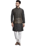 SOJANYA (Since 1958 Men’s Silk Blend Black Kurta and Off-White Pyjama With Black Nehru Jacket