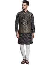 SOJANYA (Since 1958 Men’s Silk Blend Black Kurta and Off-White Pyjama With Black Nehru Jacket