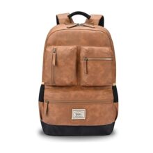 Gear Vintage Boxy 18″/26L Medium Faux Leather Water Resistant Laptop Backpack/Casual Bag/Daypack/College Backpack/Travel Backpack For Men/Women (Tan – Navy)