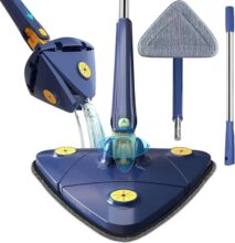 Triangle Floor Cleaning Mop With 360° Rotatable Head, Push-Pull Squeeze Drying System And Microfiber Pads
