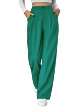 Kotty Women’S Cotton Blend Straight Fit Cross Pocket Solid Trousers Teal Green