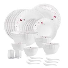 Cello Opalware Dazzle Series Lush Fiesta Dinner Set, 35 Units | Opal Glass Dinner Set For 6 | Light-Weight, Daily Use Crockery Set For Dining | White Plate And Bowl Set