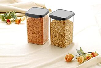 Kitchwell 1100 ML Square Plastic Storage Jar and Container | Air Tight Containers For Kitchen Storage Set | Pantry Organization | Storage Box Lid Food Rice Pasta Pulses Container | Container Sets (03)