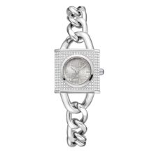 Giordano Analog Quartz Watch for Women with Textured Square Grey Dial, Crystal Studded Bezel, Blue Crown, Silver Stainless Steel Strap – GZ-60160-22