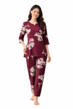 Ichaa Women’s Rayon Printed Round-Neck Night Suit Set with Pocket