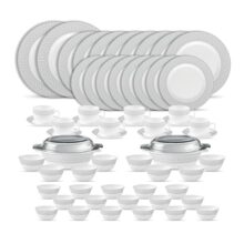 La Opala Diva Velvett Collection Opal Glass Crockery | For Family Of 8 | Dinner Set 62 Pcs Tudor Grey | Plates & Bowls For Dining | Microwave Safe | 100% Vegetarian | Extra Strong | Light & White