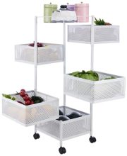 Amazon Brand – Solimo Storage Rack | 5-Layer Revolving Vegetable Kitchen Rack | Square Multipurpose Storage Trolley with Wheels | Metal Fruit Storage Rack | Kitchen Cabinet Spice Rack | White