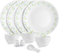 Cello Pack Of 22 Opalware Tropical Lagoon |Crockery Set | Dinner Set(Green, White, Microwave Safe)