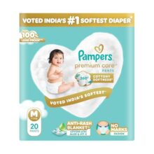 Pampers Premium Care Pant Style Baby Diapers M 20 Count | No Marks Design | Voted India’s #1 Softest Diaper | All in 1 diaper with 360 Cottony Softness