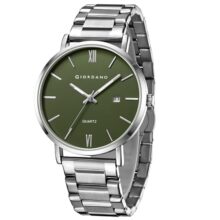 Giordano Analog Quartz Watch for Men with Round Green Dial, Roman Indices, Date Function, Luminous Hands, Silver Stainless Steel Strap – GZ-50211-22