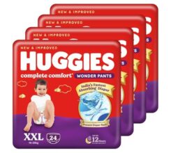 Huggies Complete Comfort Wonder Pants | Pant Style Baby Diapers Double Extra Large (XXL) Size, 96 Count | India’s Fastest Absorbing Diaper, Prevents Diaper Rash, Ideal for 15 to 25 Kgs (24 Count, Po4)
