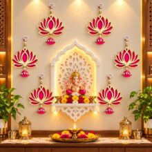 Lotus Hanging for Decoration | Handmade Wall Decor with Jhumki Style | Set of 6 Pink/Rani | Export Quality Lotus Hanging for Home, Temple & Pooja Room | Diwali, Wedding & Festival Decor