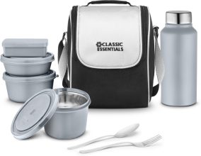 Classic Essentials Microwave Safe Lunch Box Set Of 5 With Bottle, Bag & Cutlery| 5 Containers Lunch Box(1250 Ml, Thermoware)