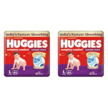Huggies Complete Comfort Wonder Pants | Pant Style Baby Diapers L Size, 64 Count | India’s Fastest Absorbing Diaper, Patented Dry Xpert Channel, Ideal for 9 to 14 Kgs (Pack of 2)
