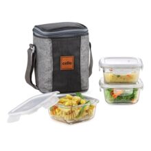 CELLO Glassy Square Lunch Box Set of 3 Pcs (320ml x 3) with Jacket For Office, Transparent | Microwave Safe Leadfree Toughened Glass, Airtight Leakproof Adjustable Carry Strap Tiffin Box For Daily Use