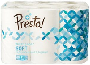 Amazon Brand – Presto! 3 Ply Toilet Paper Roll | 3600 Pulls | 300 Pulls X 12 Rolls | Soft And Highly Absorbent | 100% Natural Virgin Cellulose Fiber